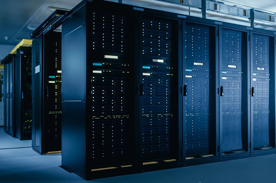 Shot of Data Center With Multiple Rows of Fully Operational Server Racks. Modern Telecommunications, Cloud Computing, Artificial Intelligence, Database, Super Computer Technology Concept.